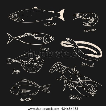 Set illustration of seafood, fish on a black background for the menu of restaurants, cards, books, wrapping paper