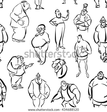 Seamless Fat Men Wall Art Pattern, Vector Sketched Artwork
