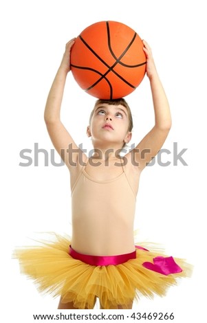 Ballerina little girl with basketball orange ball in her hands