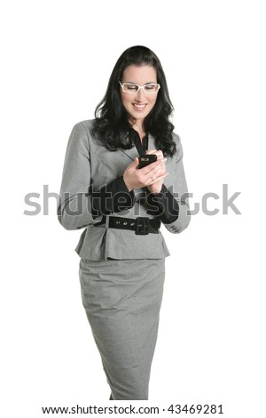 Brunette businesswoman sms message cell phone gray suit