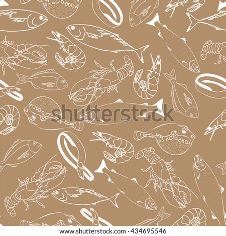 Marine fish on kraft paper seamless pattern for restaurant menus, cards, books, wrapping paper