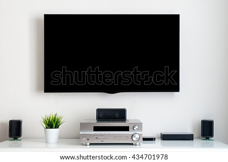 Home multimedia center setup in room Royalty-Free Stock Photo #434701978