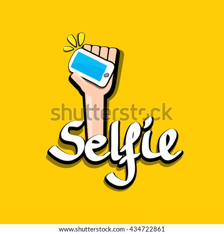 Taking Selfie Photo on Smart Phone creative concept image. vector selfie sign isolated on orange. Summer selfie photo. Selfie cartoon text