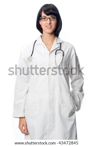 An attractive caucasian doctor in a lab coat with stethoscope against white background