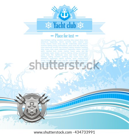 Sea travel background design for yacht club with net, foam, and seagulls and coat of arms icon. Copy space for your text