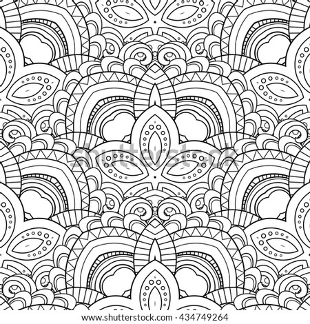 Seamless Monochrome Pattern For Coloring. Hand Drawn Decorative Scales