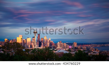 Seattle skyline at sunset, Washington, USA
