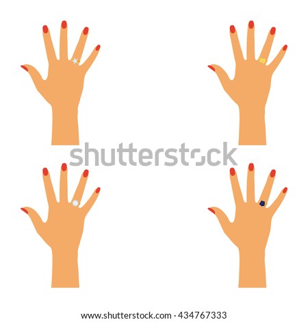 Set of hands with different rings on a white background