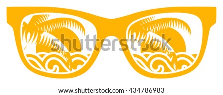 vector palm tree and sea in sunglasses isolated on white background