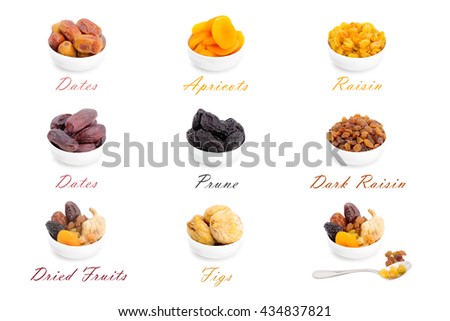 Collection of dried fruits for iftar in Ramadan isolated on the white background Royalty-Free Stock Photo #434837821