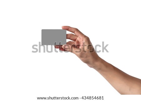 Close-Up of man hand holding blank empty credit card or business card., Isolated on white background.