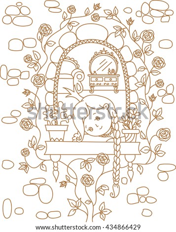 Fairy tale hand drawn illustration. Sad princess in a window. Linear uncolored vector illustration. Coloring page template.