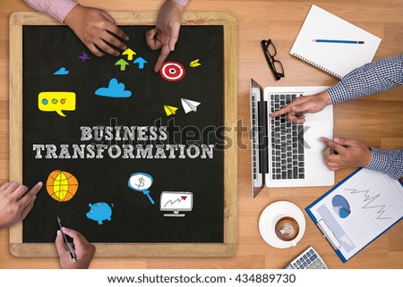 BUSINESS TRANSFORMATION Businessman working at office desk and using computer and objects on the right, coffee,  top view,