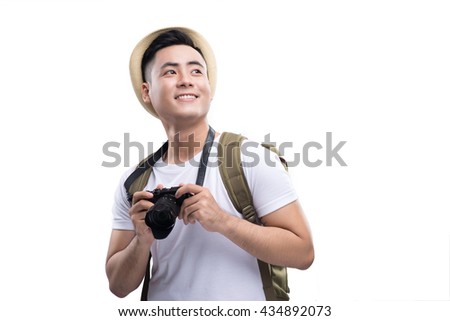 Asian young male backpacker take a picture, portrait isolated on white background