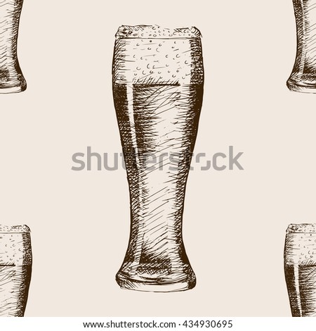 Glass of beer sketch style seamless pattern raster illustration. Old engraving imitation. Hand drawn sketch imitation