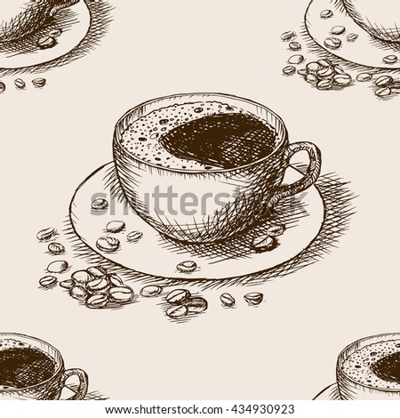 Cup of coffee with coffee beans sketch style seamless pattern raster illustration. Old engraving imitation.
