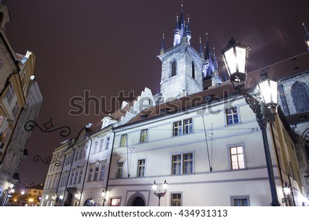 Night time illuminations of the fairy tale Church of our Lady Tyn (1365) in the Magical city of Prague, Czech republic  