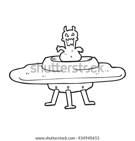 freehand drawn black and white cartoon alien in flying saucer