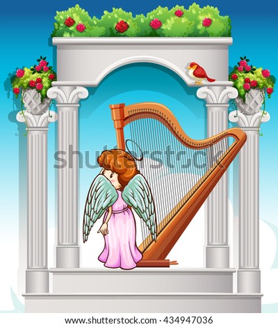 Angel with harp in heaven illustration