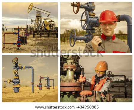 Collage consisting of pictures of pump jack, well head, man engineer talking on the radio, woman engineer repairing well head. Oil and gas concept. Toned. 