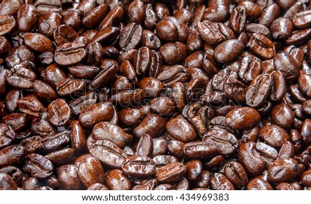 Roasted Coffee Beans background texture. Arabic roasting coffee - ingredient of hot beverage. Brown coffee beans for background and texture.