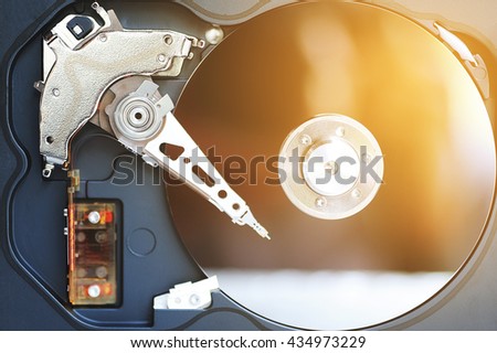 Hard Disk Drive, Close up of hard drive, Top view.