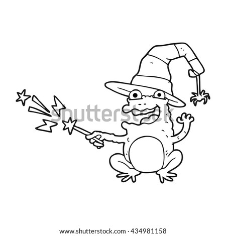 freehand drawn black and white cartoon toad casting spell
