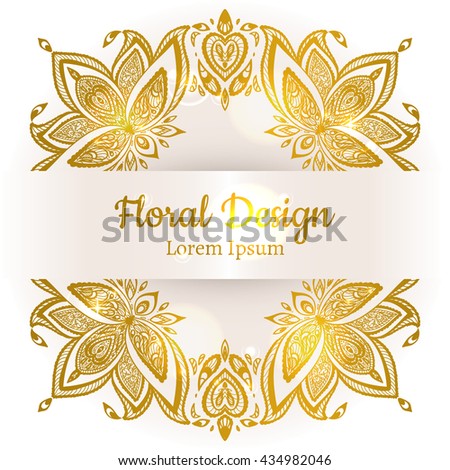 Hand drawn floral vector illustration. Vintage decorative wreath. Ornamental round lace. Gold lotus.