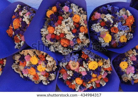 Dried colorful flower bouquets at a French market in the Provence