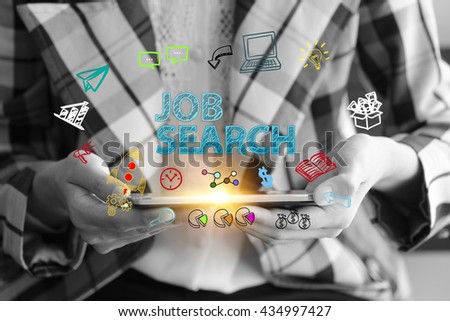 business holding a smart phone with JOB SEARCH text on black and white background ,business analysis and strategy as concept