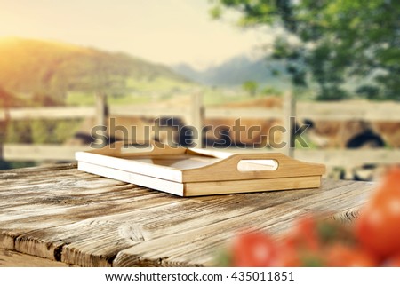 summer day with background of cows and shabby deck and tray of wood and free space 