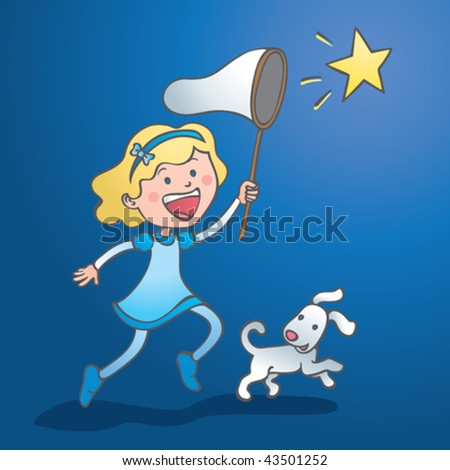 Vector illustration of a cute girl trying to catch a falling star, literally. Or a metaphor for pursuing a dream.