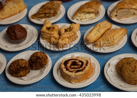 Assortment of cookies and mini brownie bites. different sweet baking on a table. Mix of sweet cookies. Bakery foodstuffs set  Cake and Biscuit 