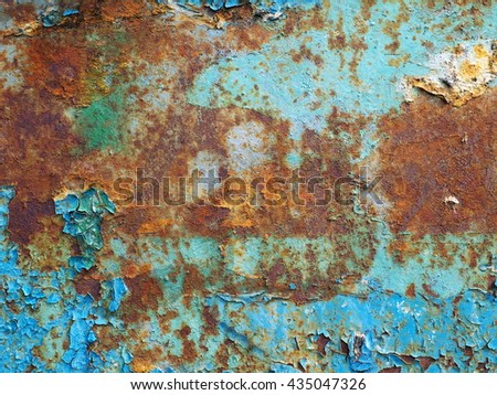 Iron sheet surface with rust stains and old painting on it with copy space