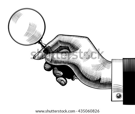 Hand with an old magnifying glass. Retro style search sign and icon. Vintage engraving stylized drawing. Vector illustration Royalty-Free Stock Photo #435060826
