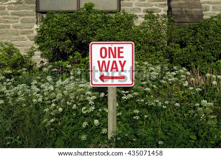 One way sign in front of green shrubs