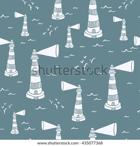 Seamless pattern with hand drawn lighthouse, waves and seagulls. Marine vector background

