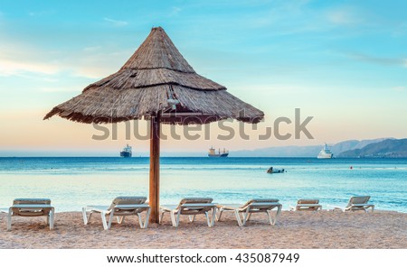 Eilat is a perfect vacation spot suitable for the perfect blend of fun, sun, diving, water sport, partying and relaxing by sandy beaches  Royalty-Free Stock Photo #435087949