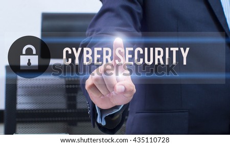 business, technology, internet and networking concept - businessman pressing cyber security button on virtual screens