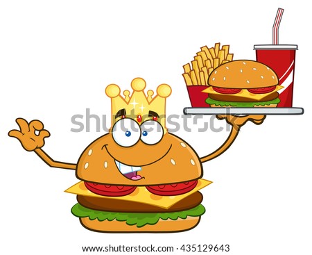 King Burger Cartoon Mascot Character Holding A Platter With Burger, French Fries And A Soda. Vector Illustration Isolated On White Background