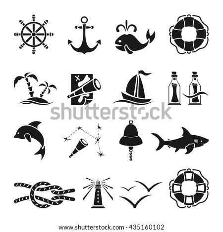 Set of black marine icons isolated on white background, nautical theme, illustration