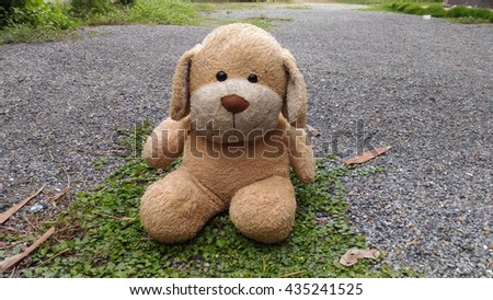 Outdoor photo of teddy bear sitting on floor