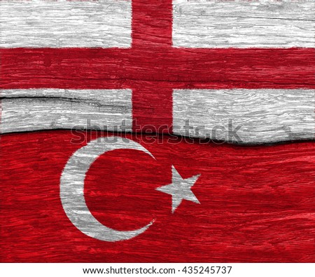 England and turkey flag on wood texture background floor - can use to display or montage on product or challenge country