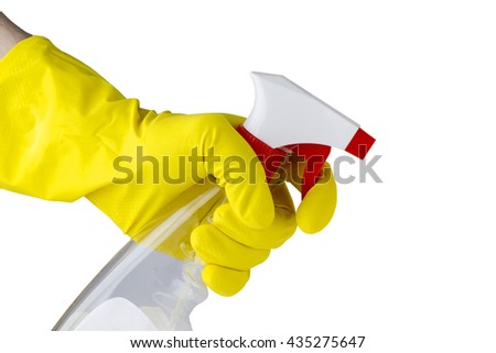 spray with detergent in hand on a white background