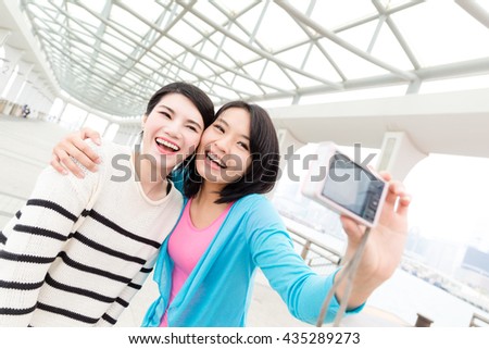 Two women taking selfie by digital camera