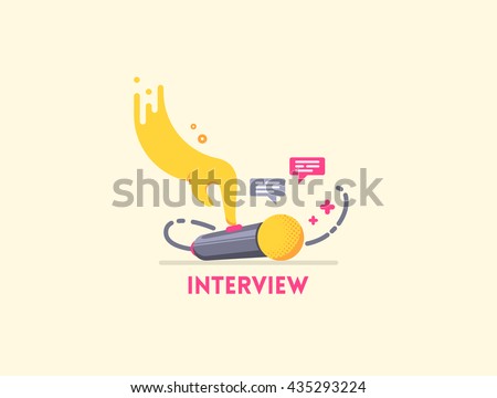 Microphone icon with hand presses the button and speech bubbles. Illustrating interview, speech, meeting. Can be used for podcast, studio recording, radio, tv and other audio content.