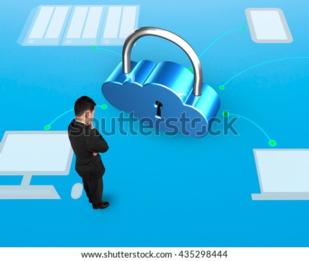 Cloud shape lock with man standing, on doodles background, 3D illustration