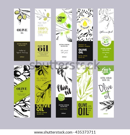 Olive oil labels collection. Hand drawn vector illustration templates for olive oil packaging. Royalty-Free Stock Photo #435373711