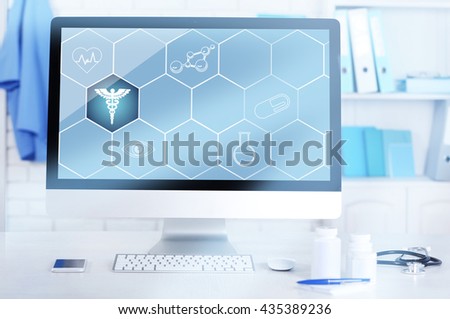 Modern computer with icons. Medical network concept