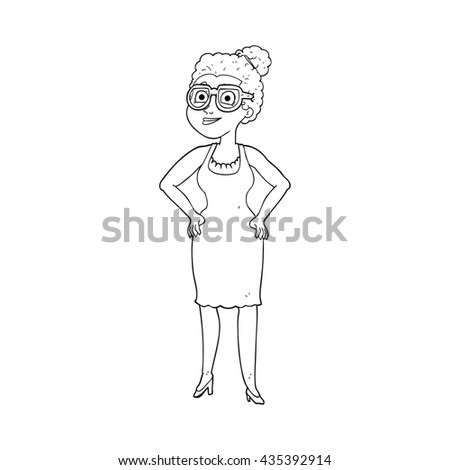freehand drawn black and white cartoon woman wearing glasses